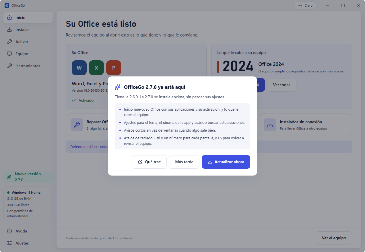 Ejemplo de la ventana de actualización de OfficeGo con lo que trae la versión nueva