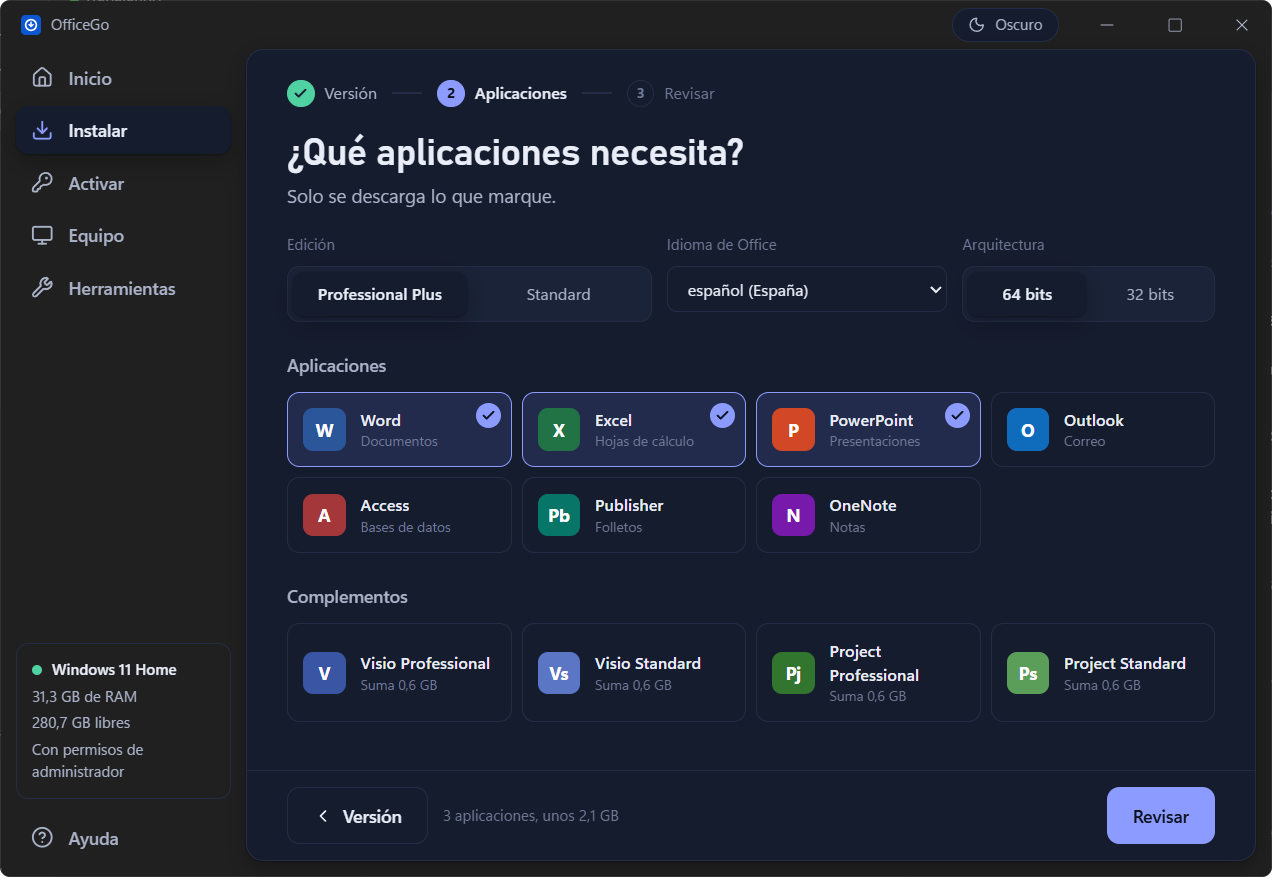 Paso de aplicaciones de OfficeGo en tema oscuro