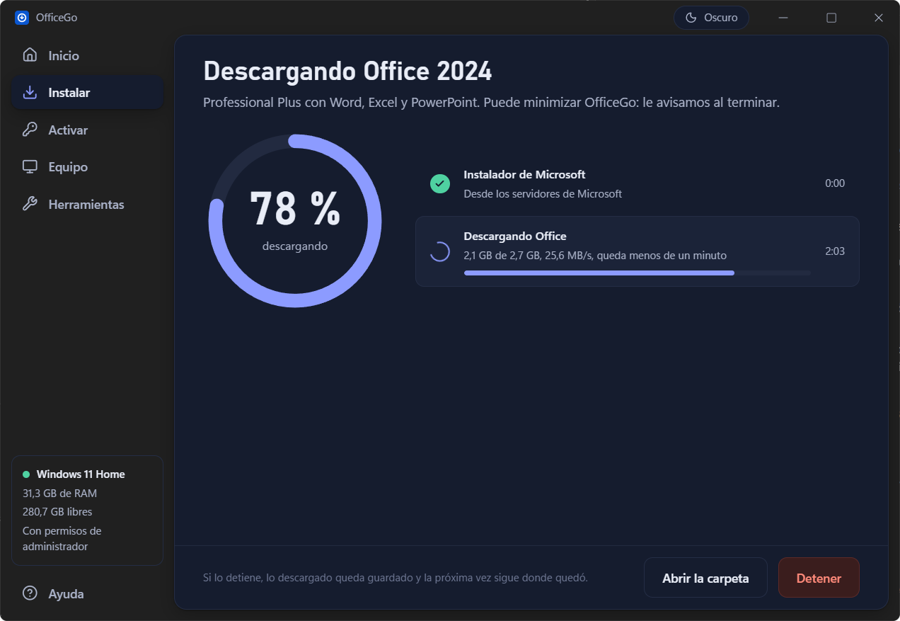 Descarga de Office 2024 al 78 por ciento en OfficeGo