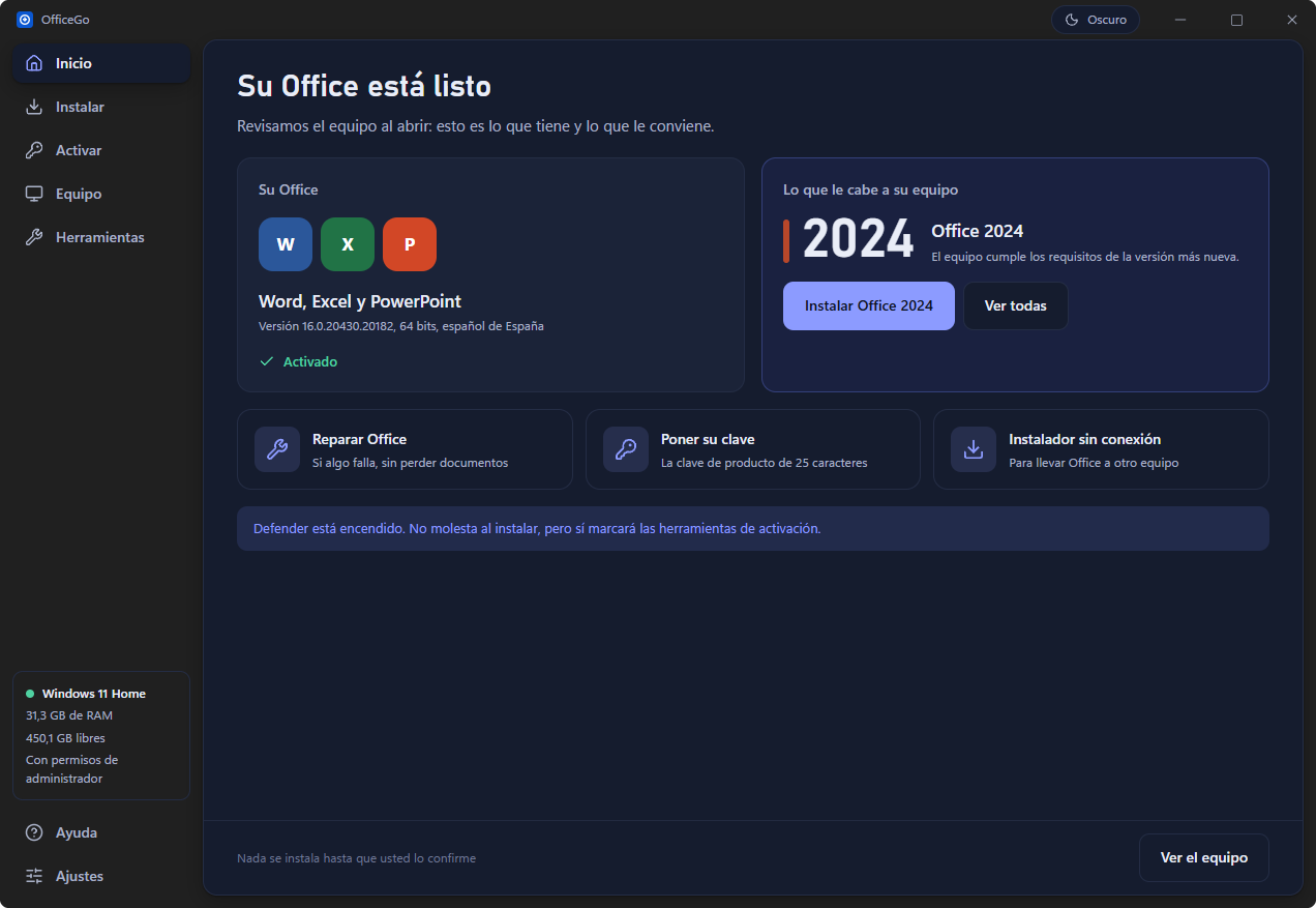 Inicio de OfficeGo con Word, Excel y PowerPoint activados y Office 2024 como lo que le cabe al equipo