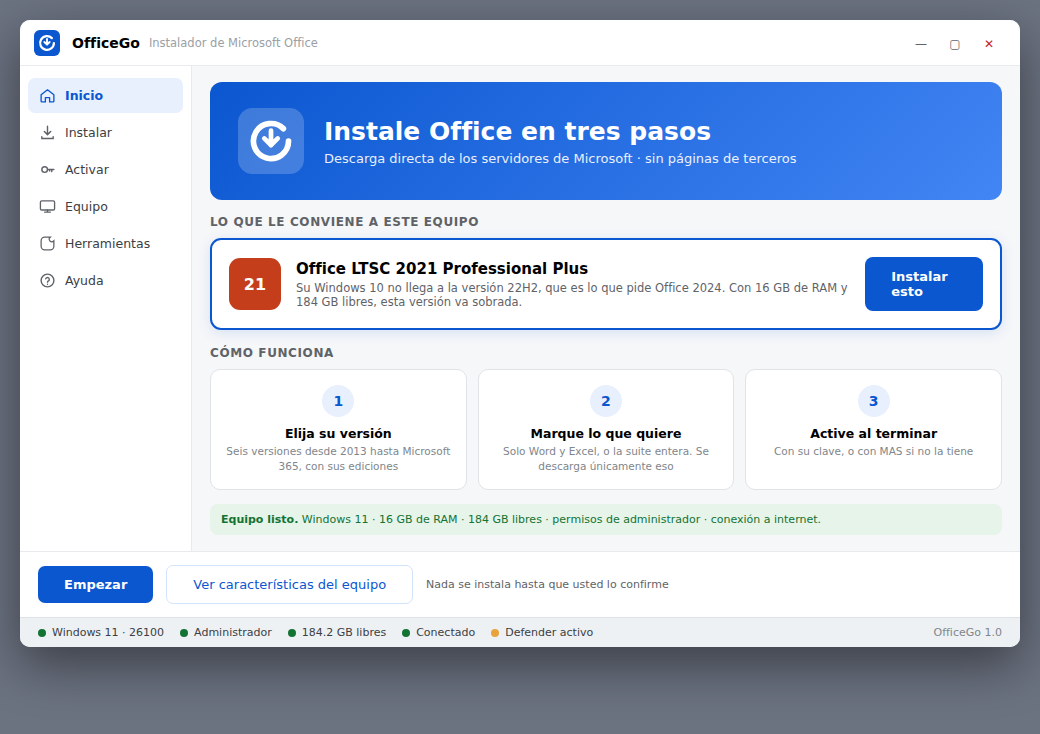 La versión PowerShell de OfficeGo con la recomendación para el equipo