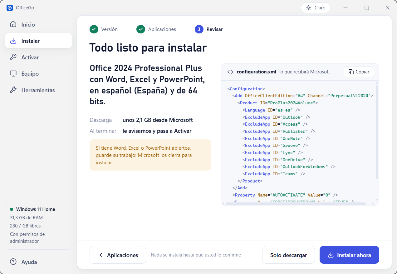 Paso de revisar de OfficeGo con el configuration.xml