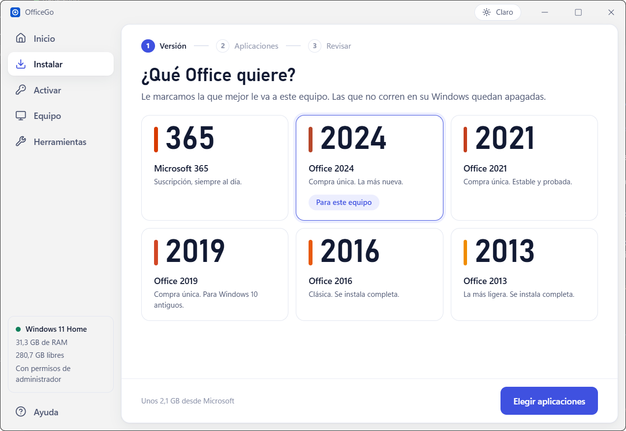 Paso de versiones de OfficeGo con 2024 marcada para este equipo